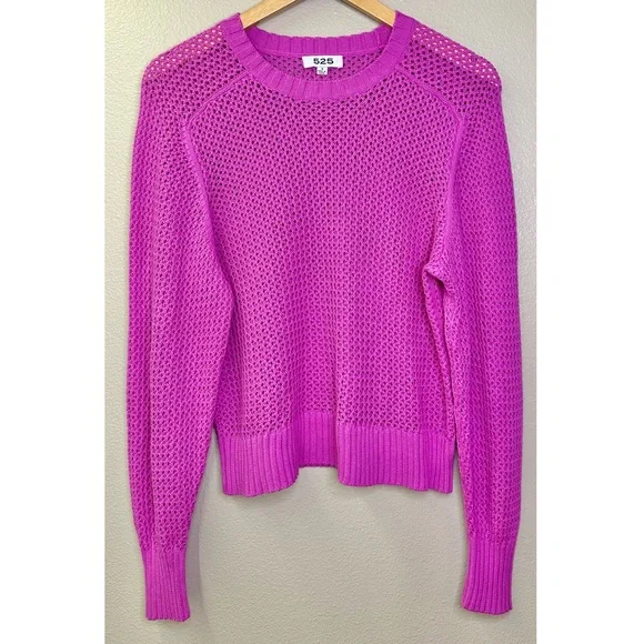 525 America Open Knit Crochet Vibrant Purple Pink Crewneck Sweater - Picture 7 of 7